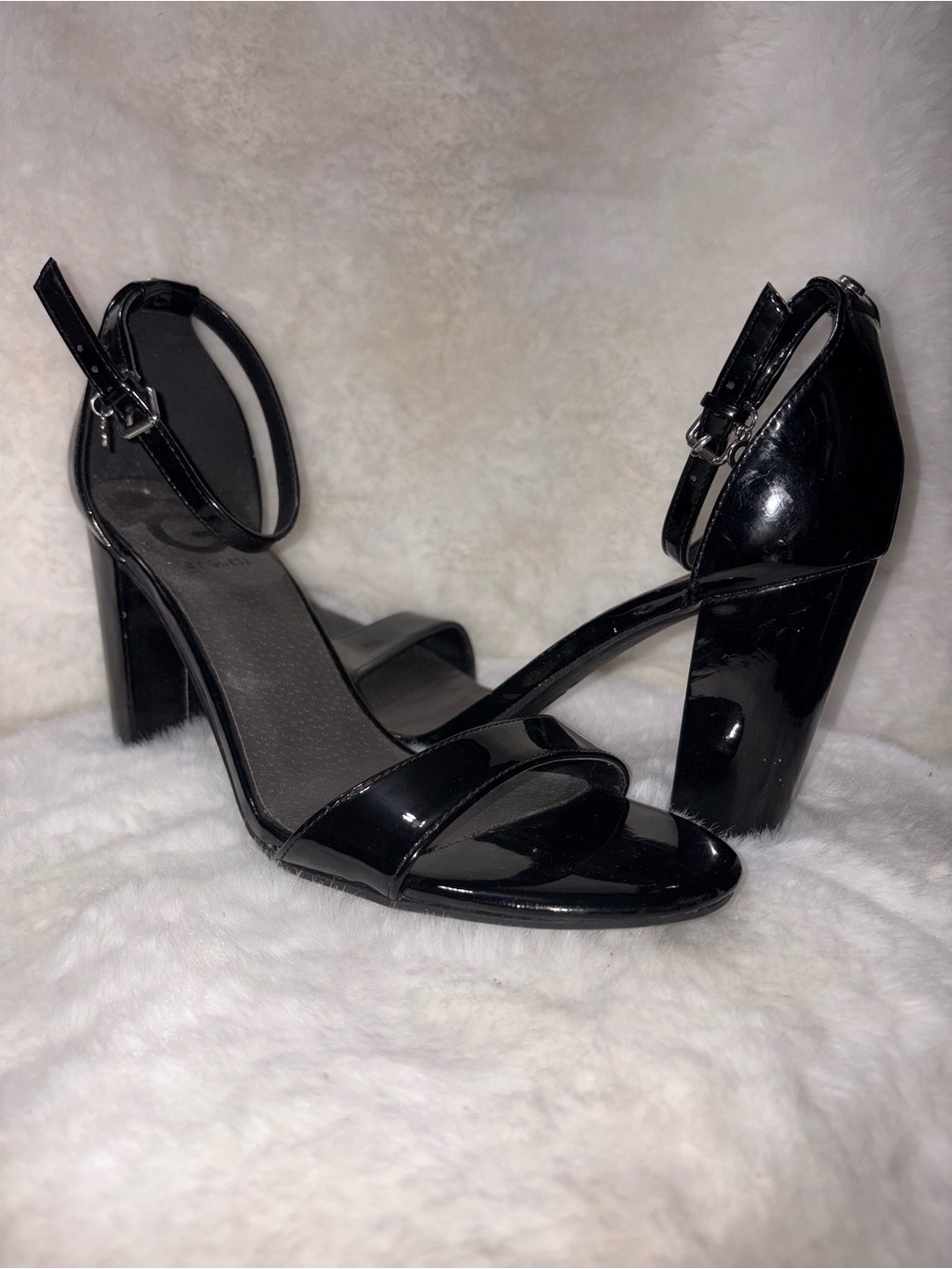 G by Guess Black Patent Ankle-Strap Block Heels